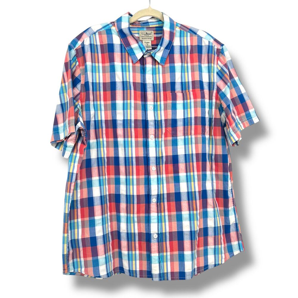 L.L. Bean Men's Organic Cotton Seersucker Button Up Shirt L Reg  Summer Retro